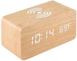 Digitale houten wekker de slaapkamer, geschikt voor LED-tijdweergave, oplaadbaar, 3 alarmstanden, datum- en temperatuurweergave, blauw.