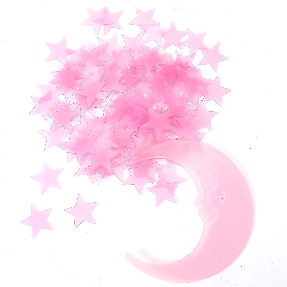 Dailygoods- Glow in the Dark Sterren - 201 Stuks - Maan - Zelfklevend - Decoratie - Geschikt voor Kinderkamer - Roze Papier/PET - Muurstickers