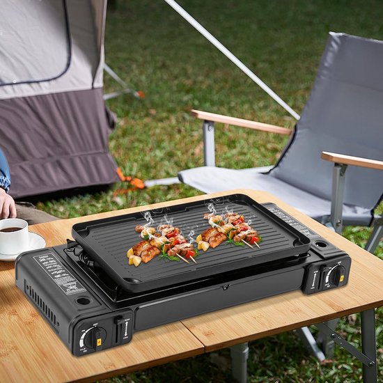 Draagbare Gasbrander - Tafelgrill Kooktoestel - Buiten Koken - Twee Branders Grillplaat - 61.5 x 27 cm - Zwart — afbeelding 3