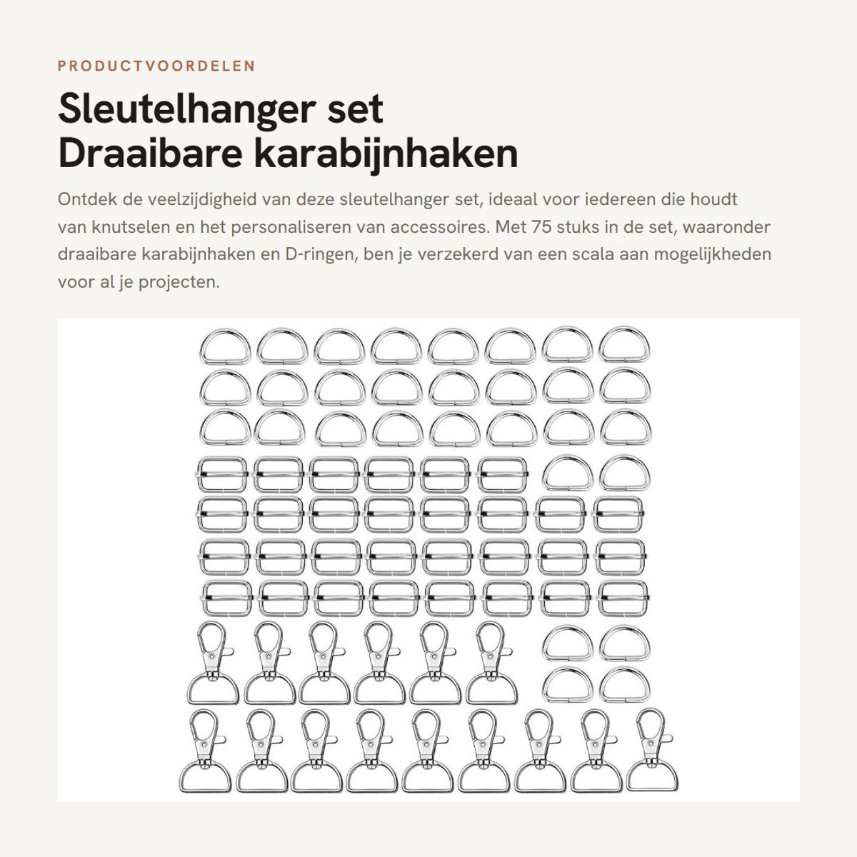 Dailygoods- Sleutelhangers 75 stuks - D-ringen 30 stuks - Karabijnhaken - Metalen schuifgespen - Duurzaam metaal - Ideaal voor schouderbanden - Sleutelring