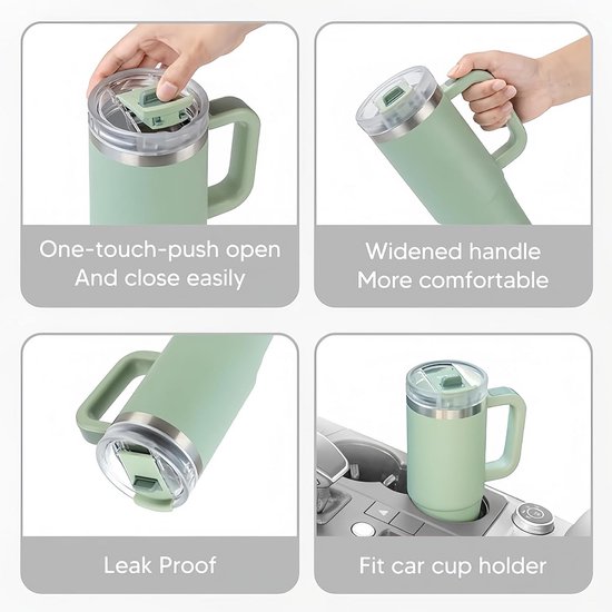 Reisbeker met Handvat - Drinkfles Thermos - Warme Dranken Koude Dranken - Lekvrij Met Rietje - 1200ml Inhoud - Mat — afbeelding 2