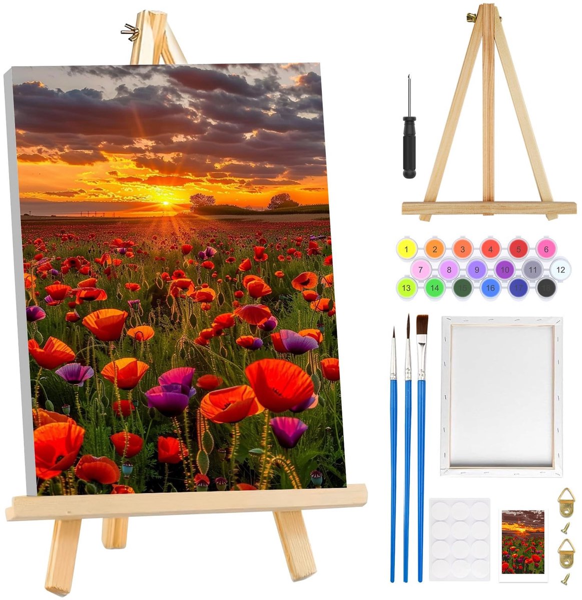 Dailygoods- Schilderen op Nummer - Bloemen Landschap met Frame - Ezel - Doe-het-zelf Kit - Acrylverf - Wanddecoratie 8 x 30,5 cm - Verfset