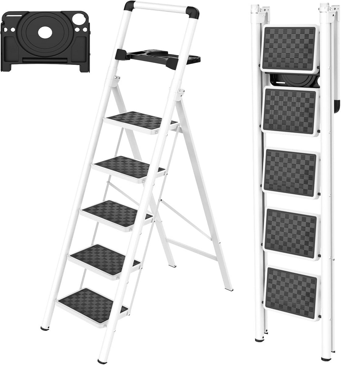 Opvouwbare trap - Kruk ladder - Hoge planken bereiken - Met gereedschapsbak - 5 treden - Zwart