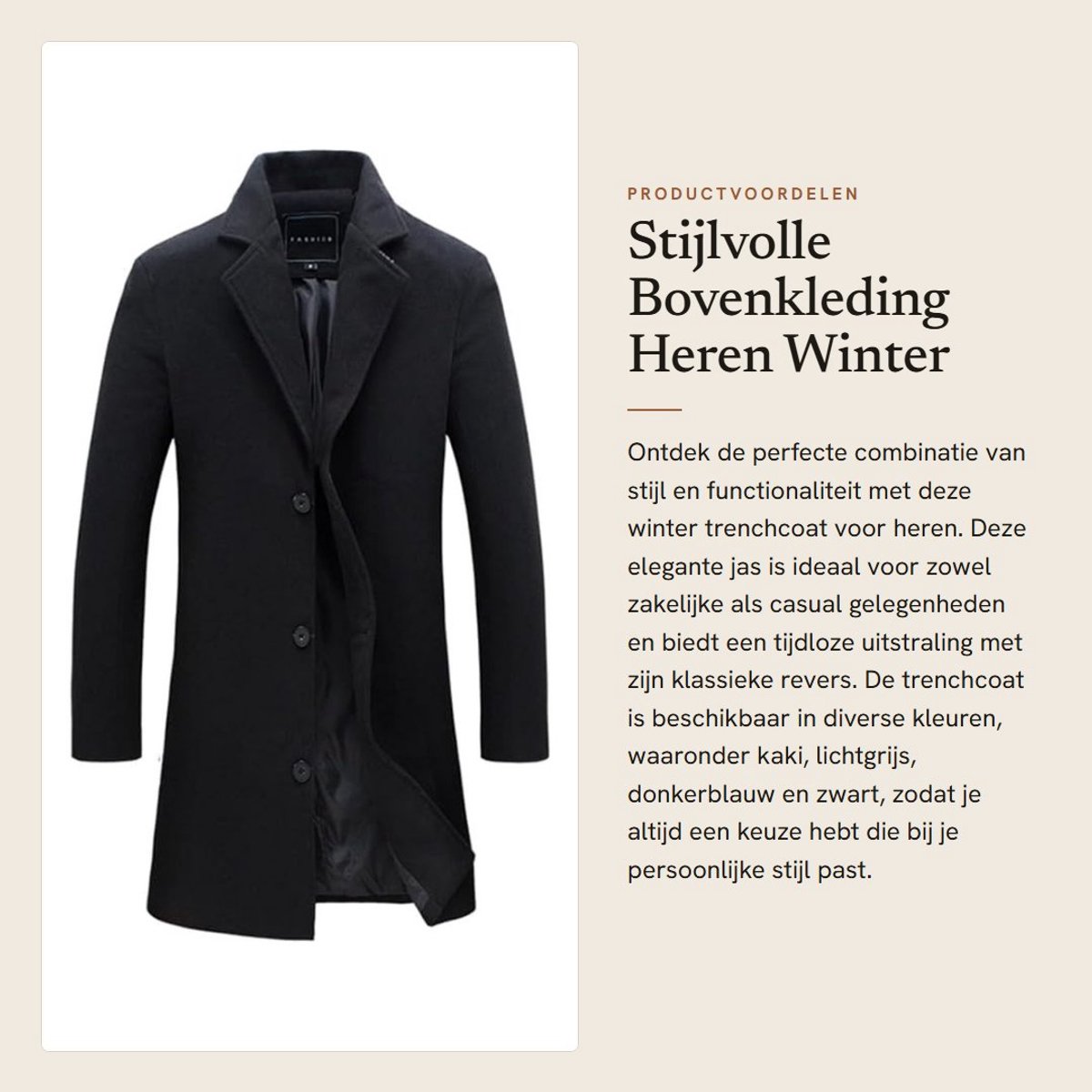 Dailygoods- Trenchcoat Heren Winter - Lange Jas - Revers - Enkele Rij Knopen - Polyester - Geschikt voor Herfst/Winter - Overjas