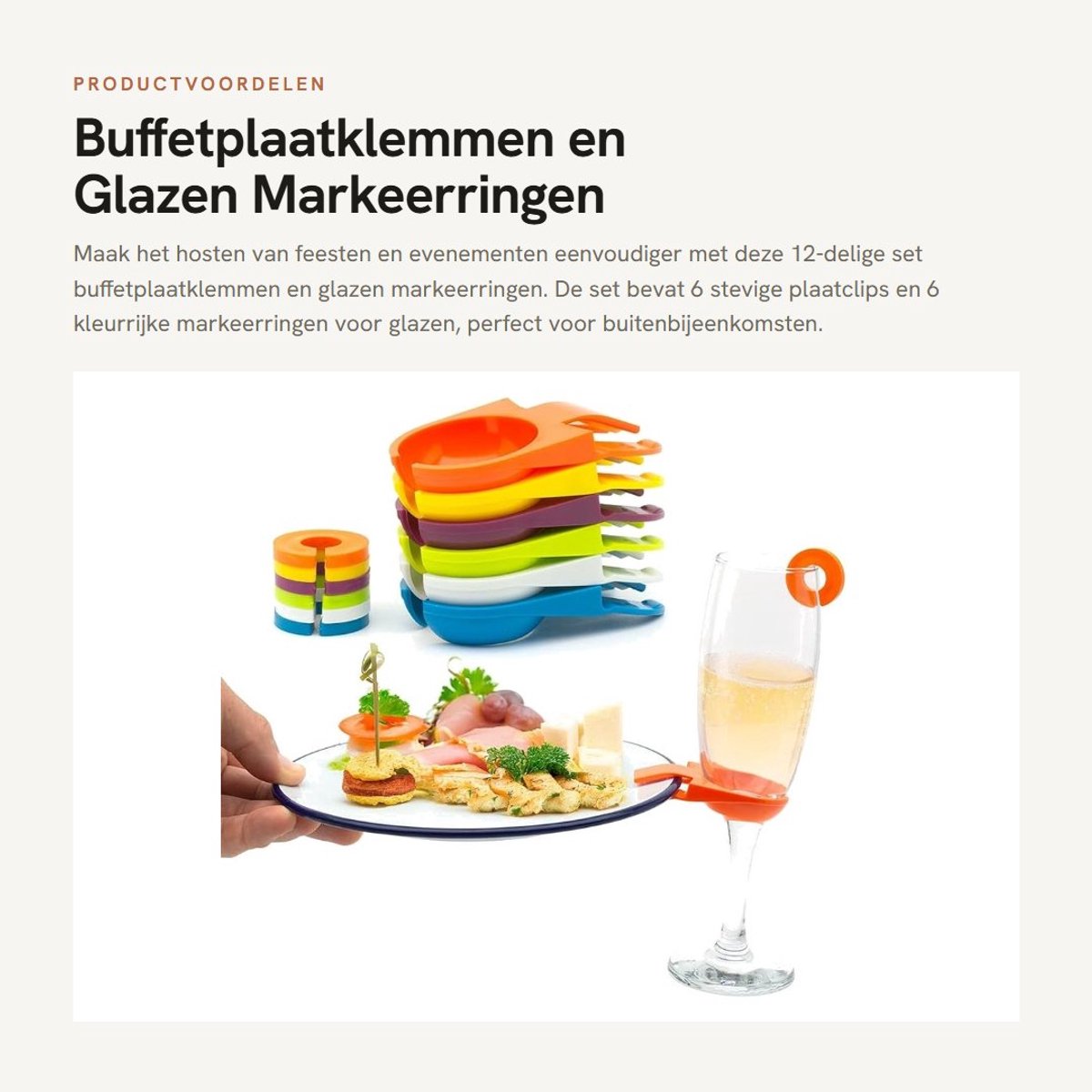 Dailygoods- Buffetplaatklemmen 12-delige set - Plaathouders/ID-ringen - Feestaccessoires - Kleurige markeringen - Ideaal voor buffetten - Houdt glazen/borden stevig vast