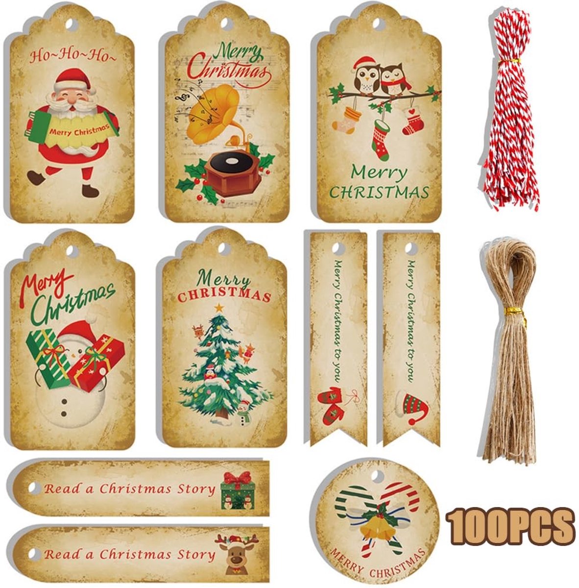 Dailygoods- Cadeaulabels 100 Stuks - Kraftpapier - Cadeauhangers - Touw - Katoenen Koord - 10 Verschillende Patronen
