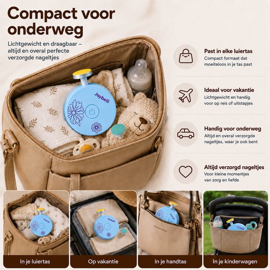 Lichtblauwe Joybelli elektrische babynagelvijl in een beige handtas, babyfles, speentje en teddybeer.