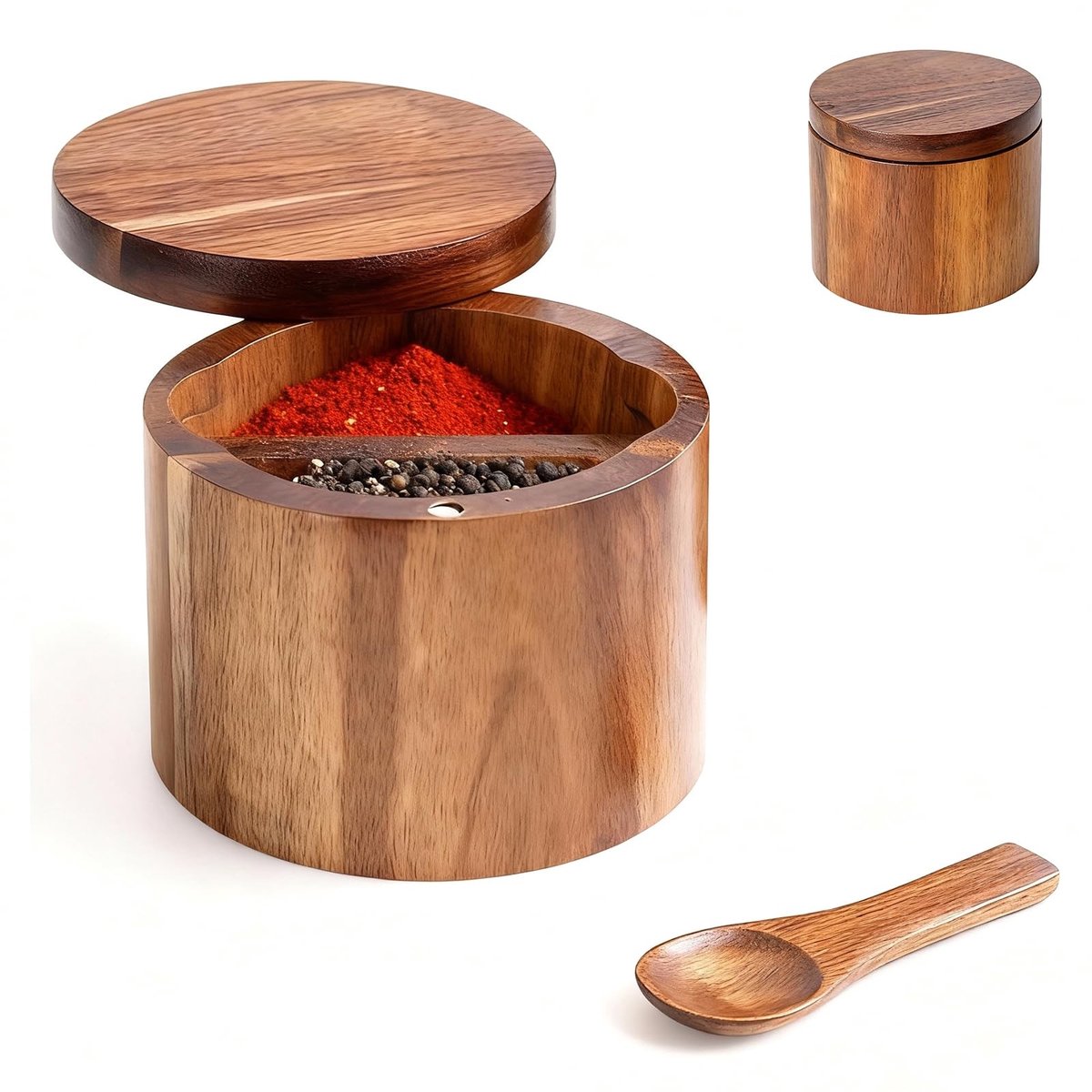 Dailygoods- Zoutkelder met Magnetisch Draaibaar Deksel - Houten Opbergcontainer - Bamboe Kruidendoos - Specerijenhouder - 360° Draaibaar - Voedselveilig Materiaal