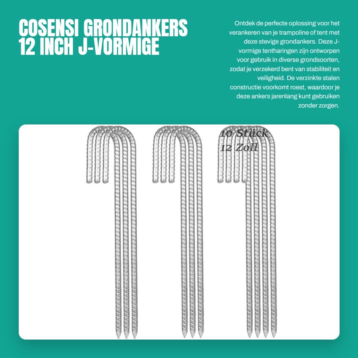 Dailygoods- Grondankers 30 cm - J-vormige Grondpennen - Verzinkt Staal - Antiroest - Voor Tenten/Trampolines - Puntig Uiteinde - Grondpalen