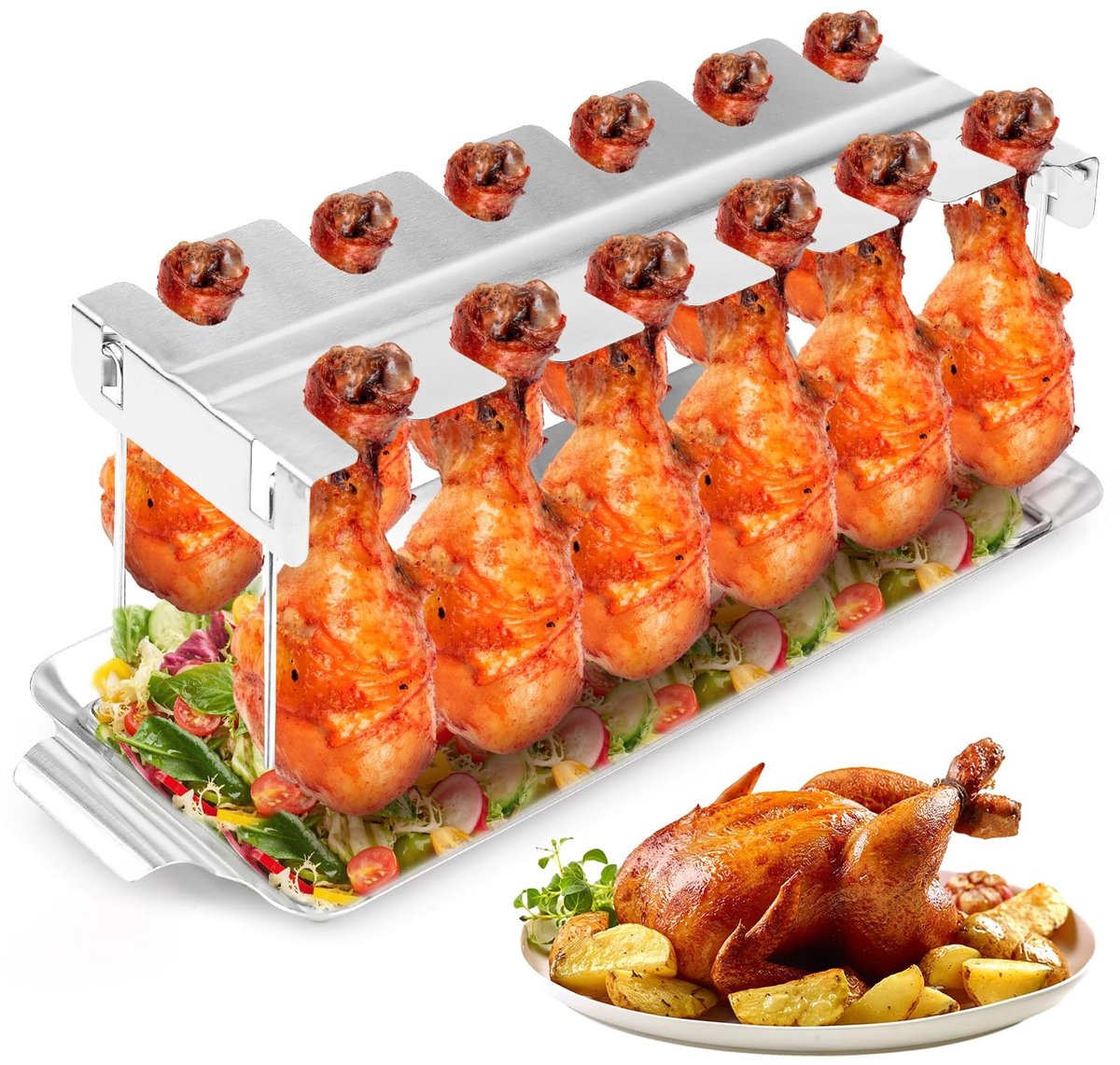 Dailygoods- Kippenpoothouder met opvangschaal - Grillrek - Kippen-drumstickhouder - Multifunctioneel - Vleugel/beenrek - Perfect gaar zonder draaien