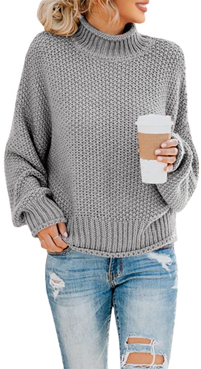 Dailygoods- Damestrui Oversized - Grof Gebreid - Coltrui - Vleermuis Mouwen - Heuplengte - Ademend Materiaal - Gebreide Trui