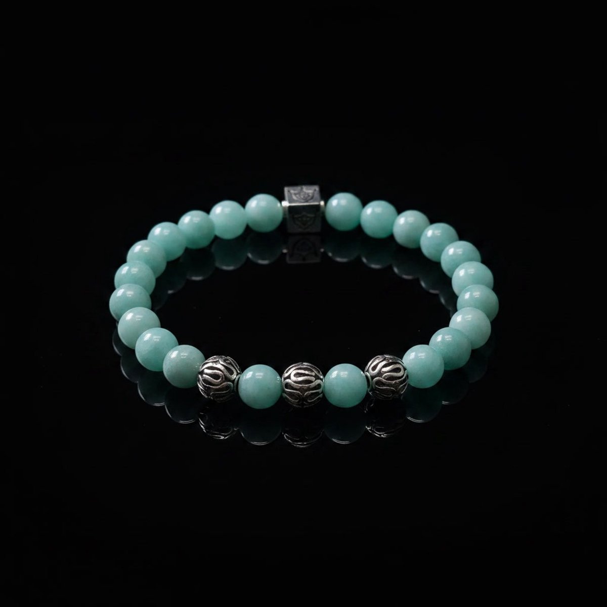 Exclusieve Amazoniet Edelsteen Armband - 925 Echt Zilver - 8mm Kralen - 21 cm- vaderdag