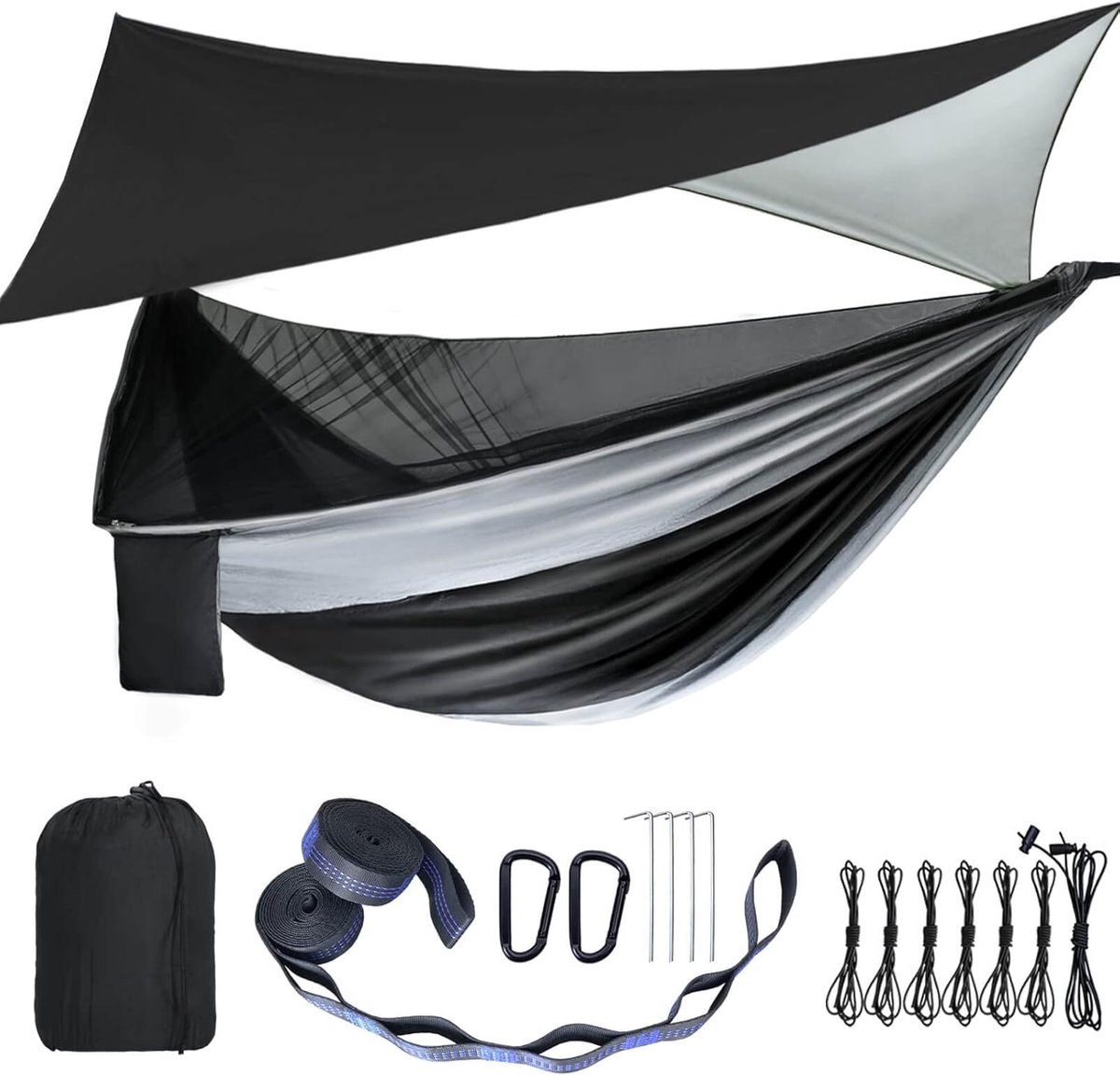 Hangmat met net - Kampeerhangmat outdoor - Buiten ontspannen - Inclusief regenhoes - 299 x 140 cm - Grijs