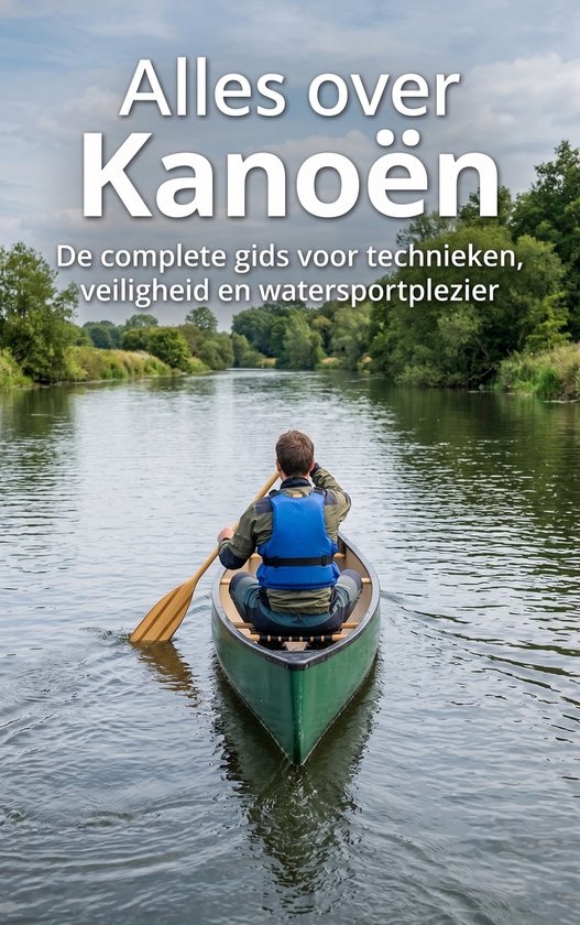 Boekomslag met titel 'Alles over Kanoën' en ondertitel 'De complete gids voor technieken, veiligheid en watersportplezier'. Man in groene kano.