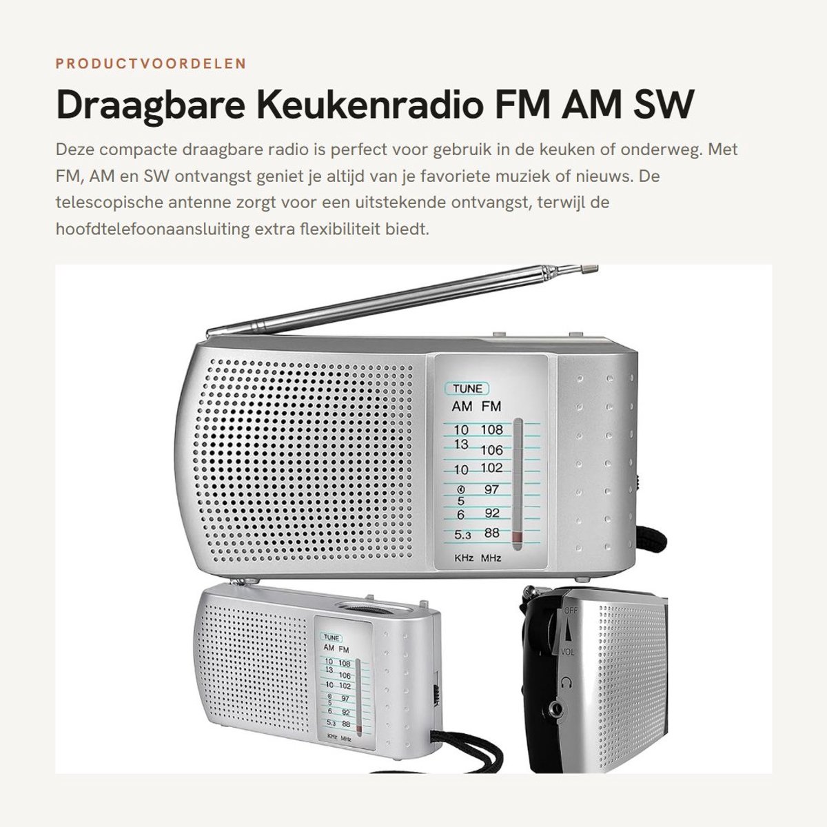 Dailygoods- Keukenradio Compact - Draagbare Radio - FM/AM/SW Ontvangst - Telecopische Antenne - Hoofdtelefoonaansluiting - Werkt op Batterijen