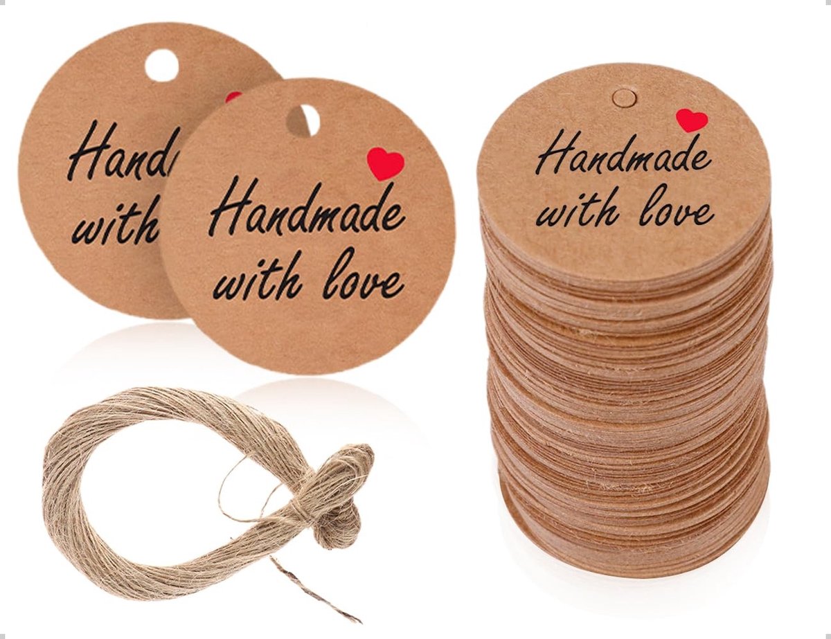 Dailygoods- Hangetiketten 100 stuks - Ronde etiketten 30 mm - Kraftpapier - Decoratieve labels - Henneptouw 20 m - Handgemaakt met liefde