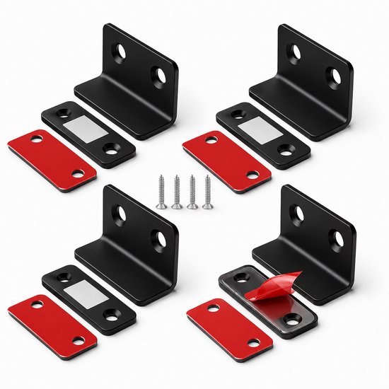 Vier zwarte magnetische sluitplaten met schroeven en plakstrips.