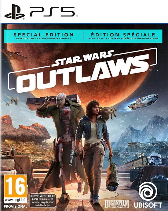 PS5 Star Wars Outlaws Special Edition speldoos met Kay Vess en Nix, en een stoere droid.
