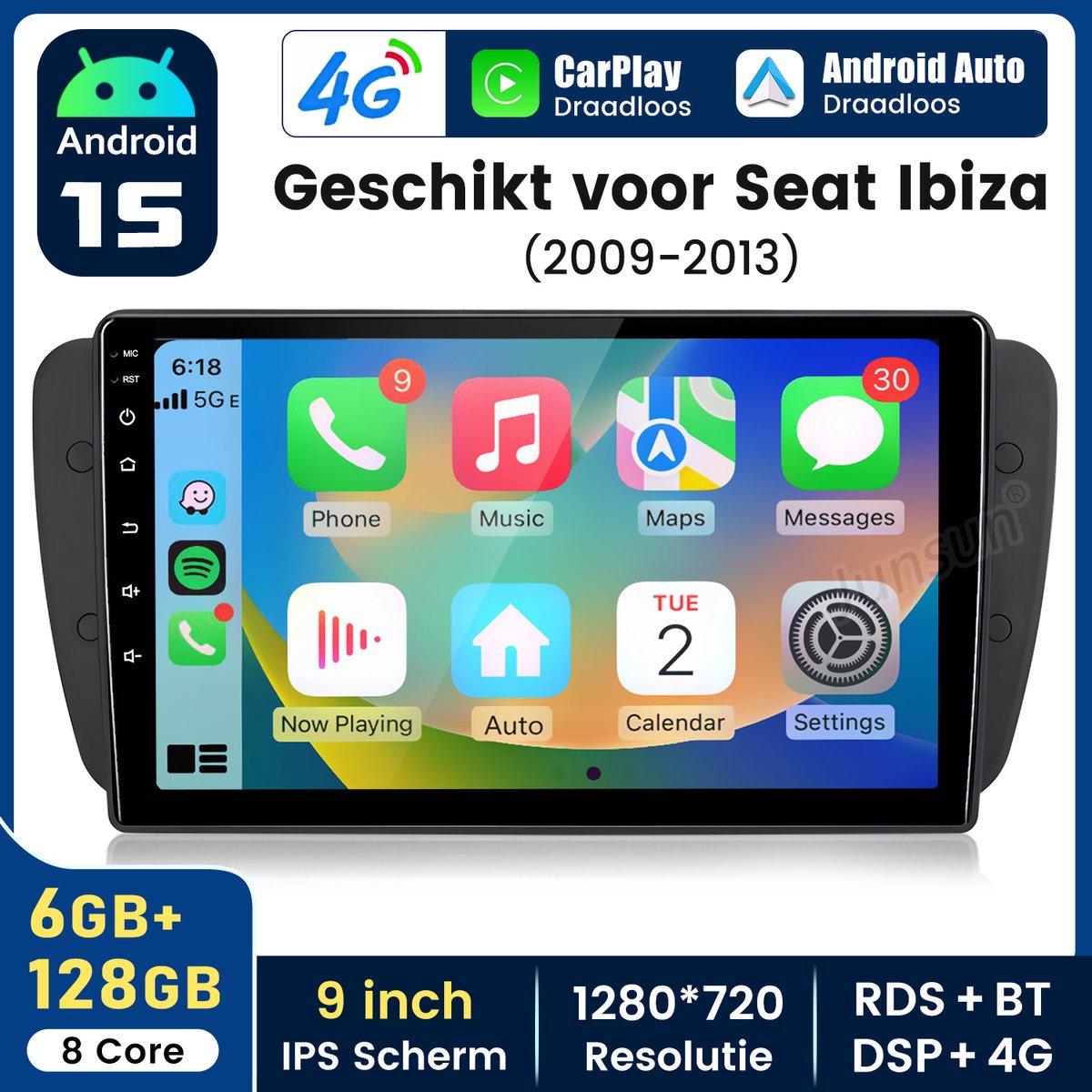 Junsun Android 15 Autoradio Geschikt voor Seat Ibiza IV 6J 2009-2013 ,6GB+128GB, Draadloze CarPlay & Andriod Auto, DAB+, GPS-Navigatie, WIFI, Bluetooth, RDS, FM, SWC, 9-inch IPS Touchscreen, DSP, 4G, Octa-core processor