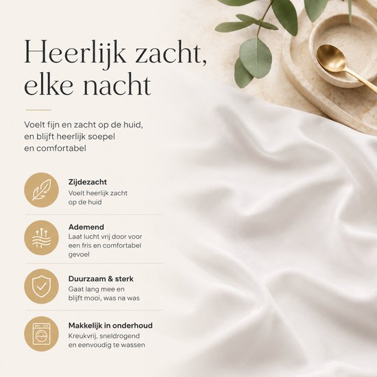 Zijdezacht wit beddengoed op een gedekte tafel. Tekst: Heerlijk zacht, elke nacht.