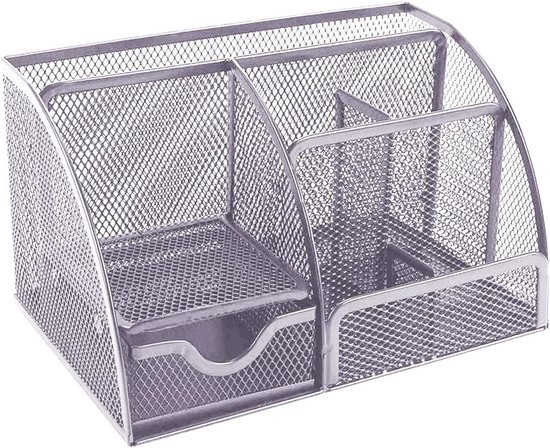 Bureau-organizer, mesh, metaal, bureauhouder met pennenhouders en lade, 6 sorteervakken voor pennen, penhouder, nietmachine, zelfklevende notities, kantoororganizer (zilver)