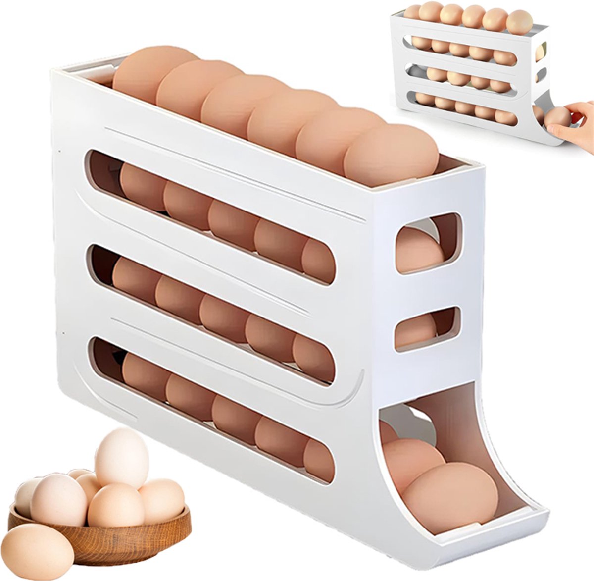 Eierrek - Eierbewaardoos - Eierdispenser voor de koelkast - Eierorganizer - Automatische eierdispenser met vier lagen - Ruimtebesparend eierrek voor koelkast en aanrecht - Wit - Duurzaam plastic eierrek voor in de keuken