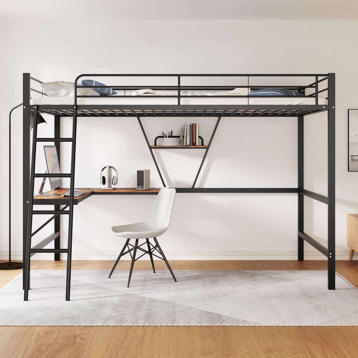 DESMIU Hoogslaper 90x200 cm – Met L-Vormig Bureau En Plank – Ruimtebesparend Met Veilige Ladder – Voor Jeugdkamer Of Studio – Metaal En MDF – Zwart – Zonder matras