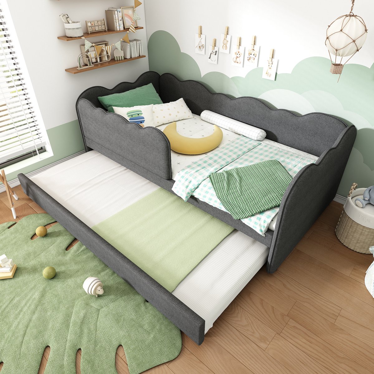 DESMIU Kinderbed 90x190 cm – Uitschuifbed Met Verwisselbare Zijpanelen – Extra Slaapplaats – Voor Kinderkamer Of Logeerkamer – Linnen – Grijs – Zonder Matras