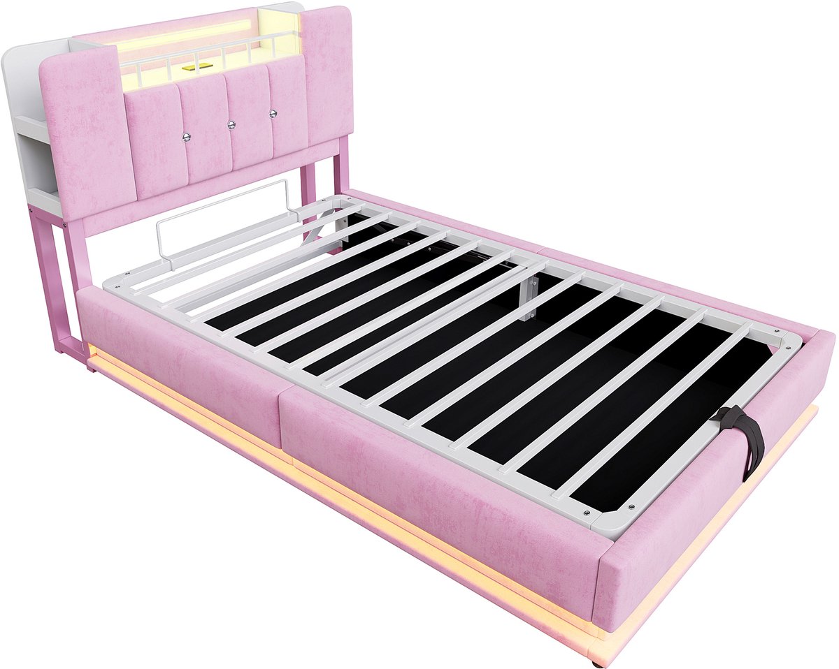 DESMIU Kinderbed 90x200 cm – Gestoffeerd Met Led En Usb – Hydraulische Opbergruimte – Voor Kinderkamer – Fluweel – Roze – Zonder Matras