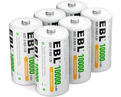 Oplaadbare D Batterijen - Mono Accu Set - Apparaten Voeden - Lage Zelfontlading - 10000 mAh 6 Stuks - Zwart