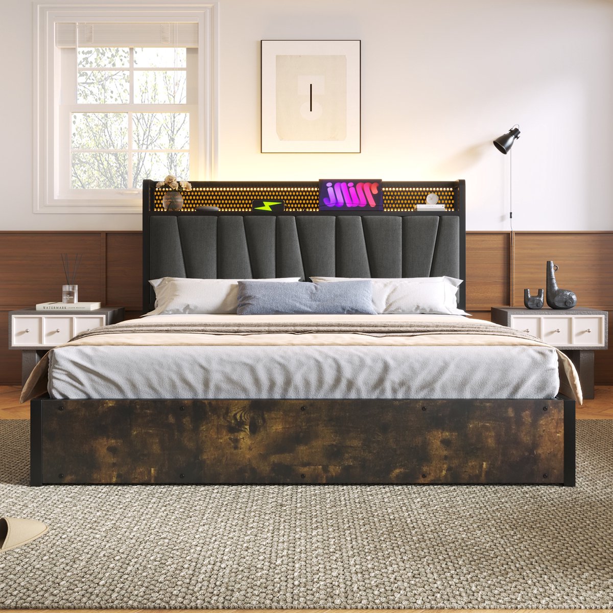 DESMIU Gestoffeerd Bed 160x200 cm – LED-Hoofdbord met Stopcontacten en USB-Aansluitingen – Gasveer Opbergruimte – Tweepersoonsbed Zonder Matras – Grijs