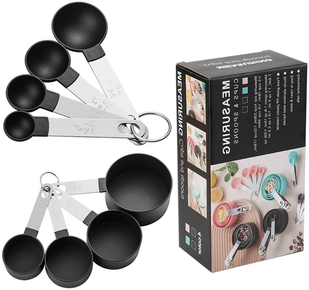 Dailygoods- Maatbekers Set van 8 - Maatlepels - Roestvrij Stalen Handvat - BPA-vrij - Nauwkeurige Metingen - Vaatwasserbestendig - Meetlepels