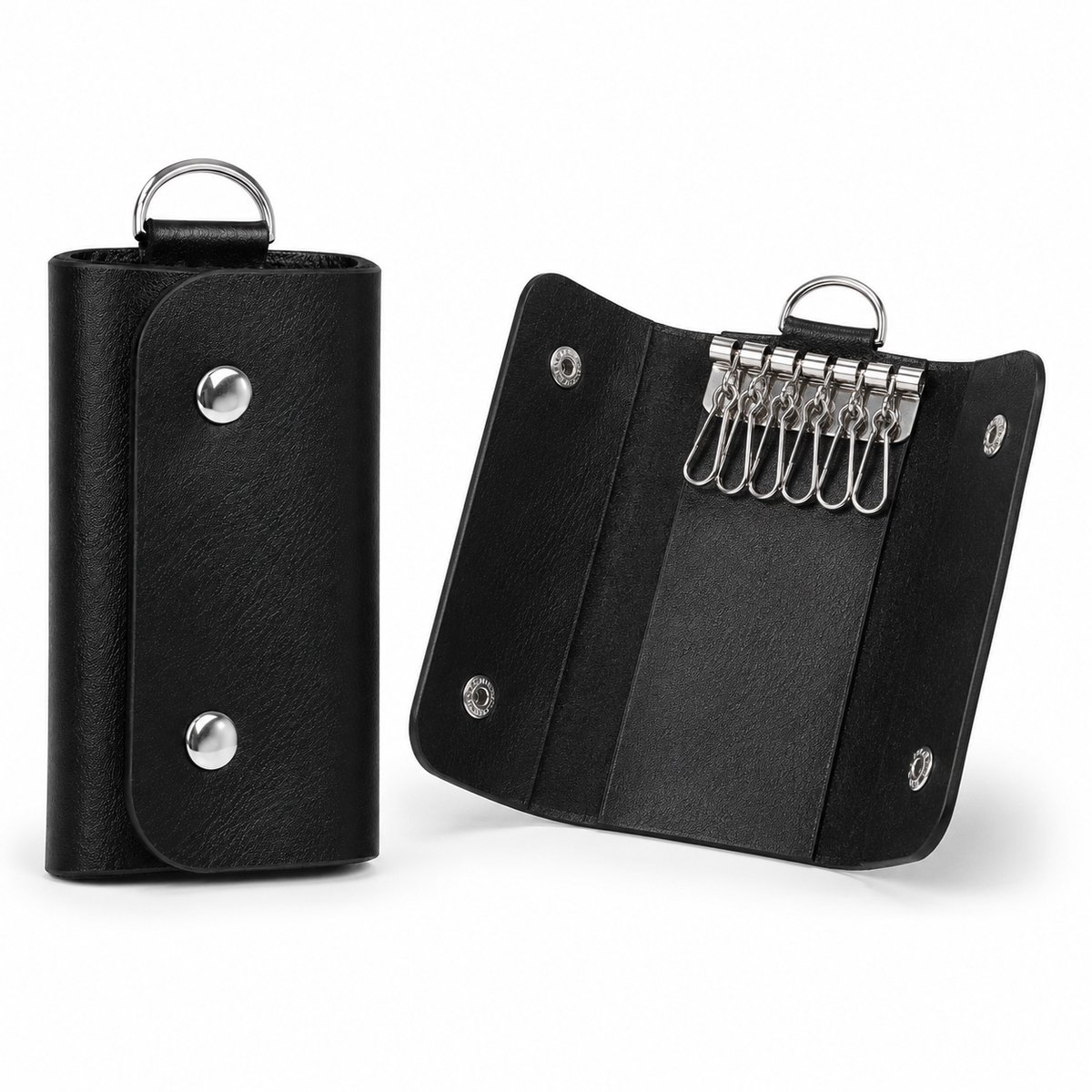 Okado Sleutelmapje Zwart Leer – Sleuteletui met 6 Ringen – Compact Sleuteltasje met Dubbele Knoopsluiting – Unisex