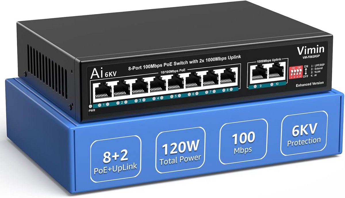 PoE Switch - Netwerk Switch - Netwerk Uitbreiden - 8 PoE Poorten - 10 Poorten - Zwart