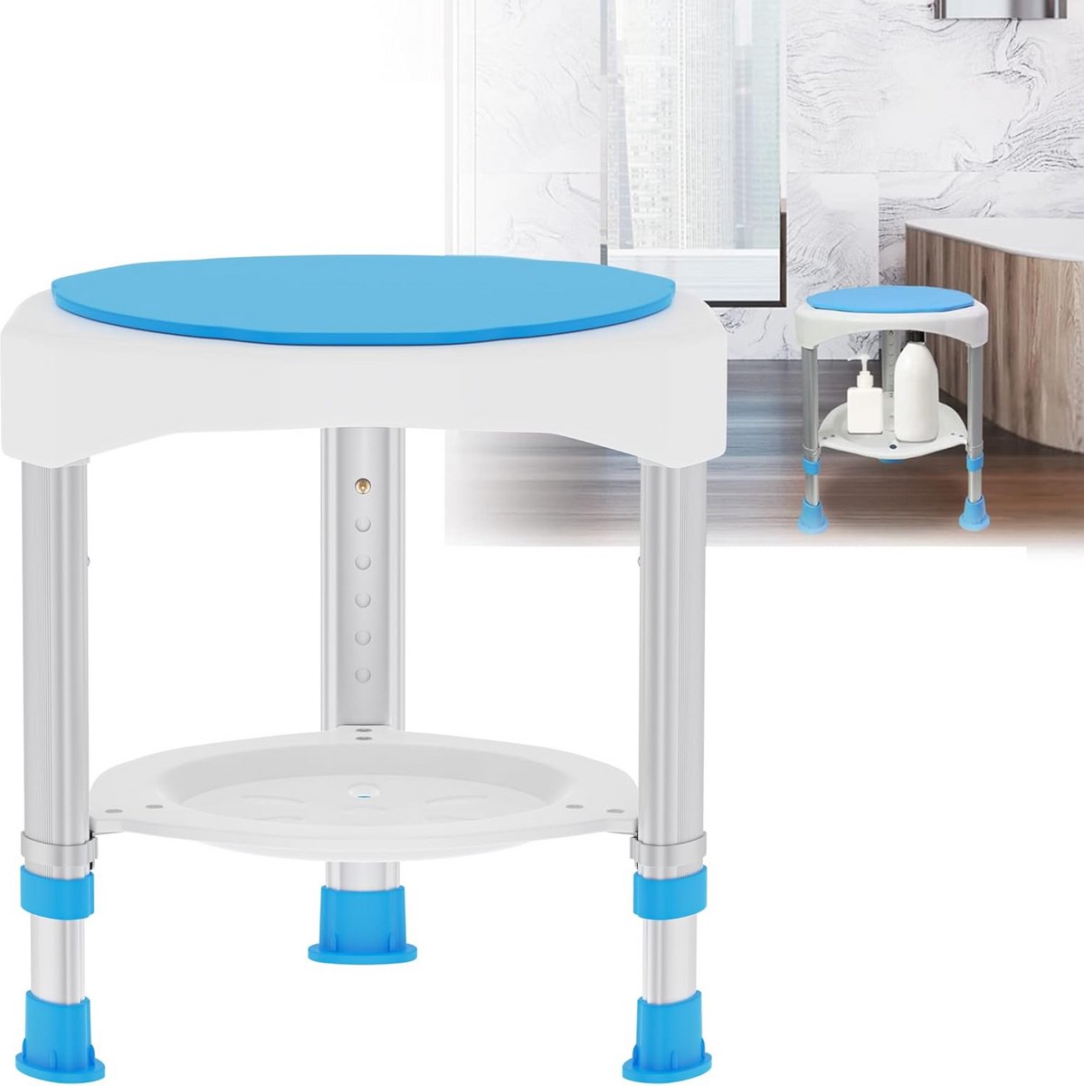 Douchekruk - Badstoel - Veilig Douchen - 360° Draaibaar - 45-57 cm - Wit Blauw