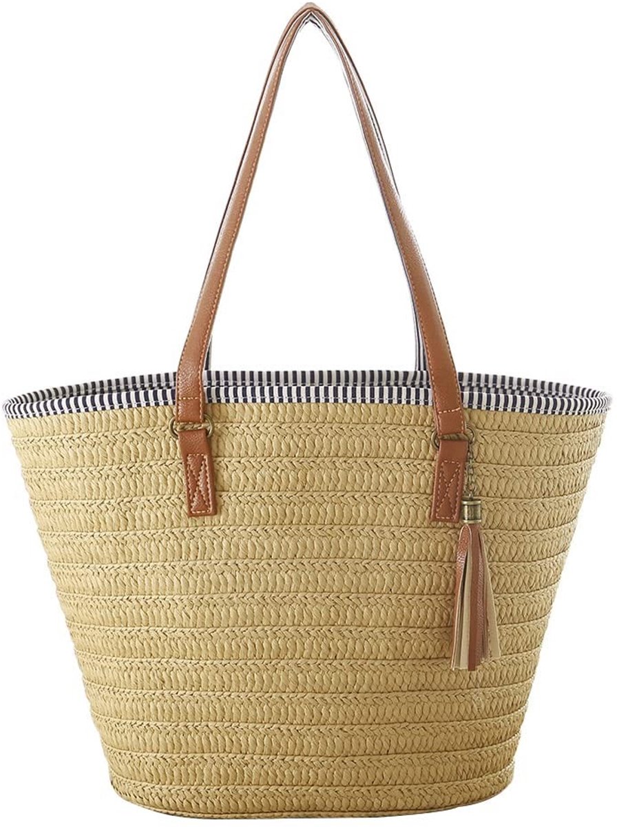 Dailygoods- Strohandtas met Rits - Strandtas XXL - Rieten Strandtas - Schoudertas - Tas voor Vakantie - Waterdichte Voering - 46x31x15 cm