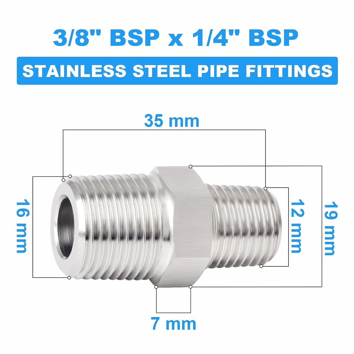 Dailygoods- Zeskantnippel 5 Stuks - Roestvrij Staal 304 - Verloopstuk 3/8" x 1/4" BSP - Koppeling voor Buizen - Industrieel Gebruik - Voor Water/Lucht/Gas - Buisverbinding