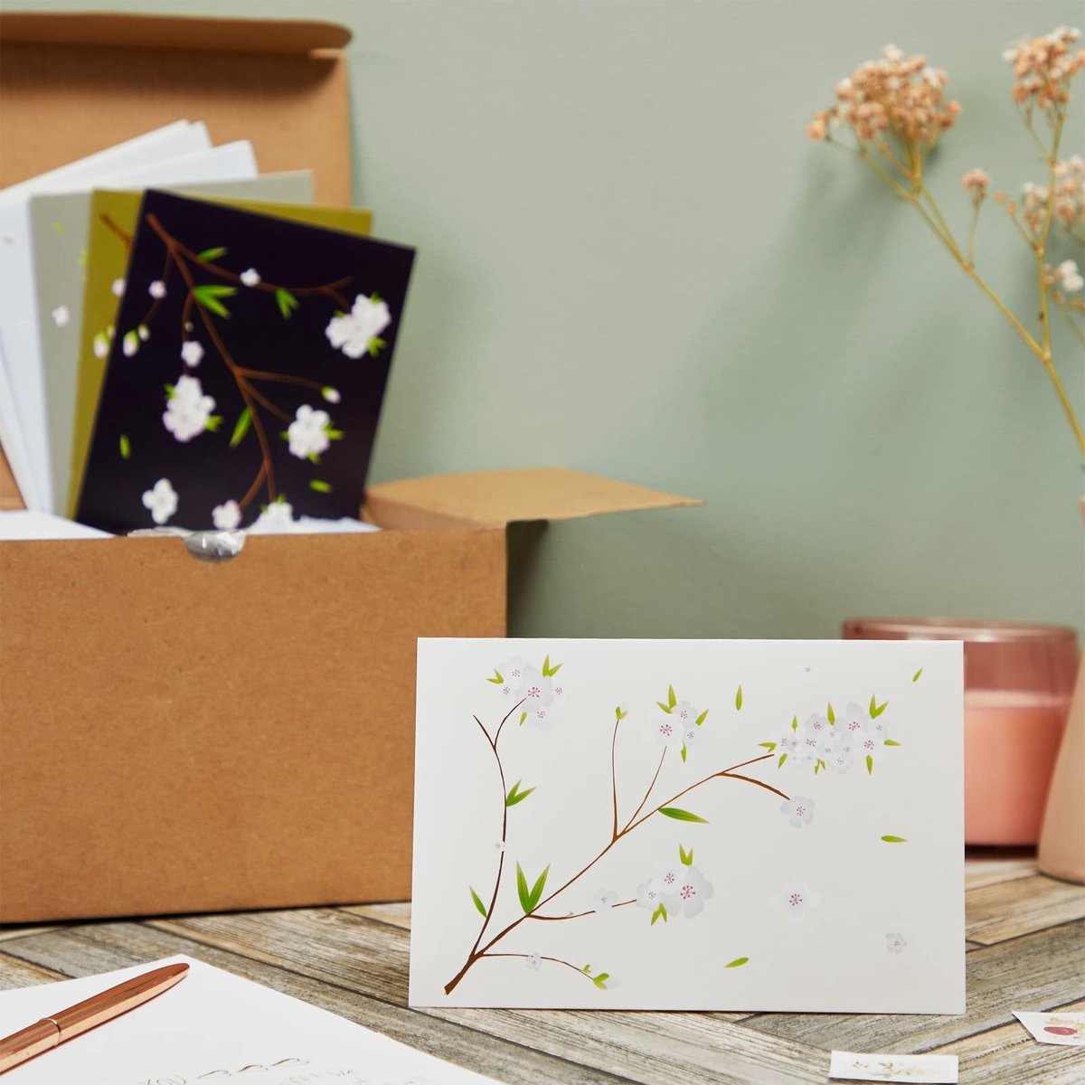 Dailygoods- Kersenbloesembriefkaarten Set van 120 - Wenskaarten Blanco - Bedankkaarten - Verjaardagskaarten - Bulkboxset - 6 Ontwerpen
