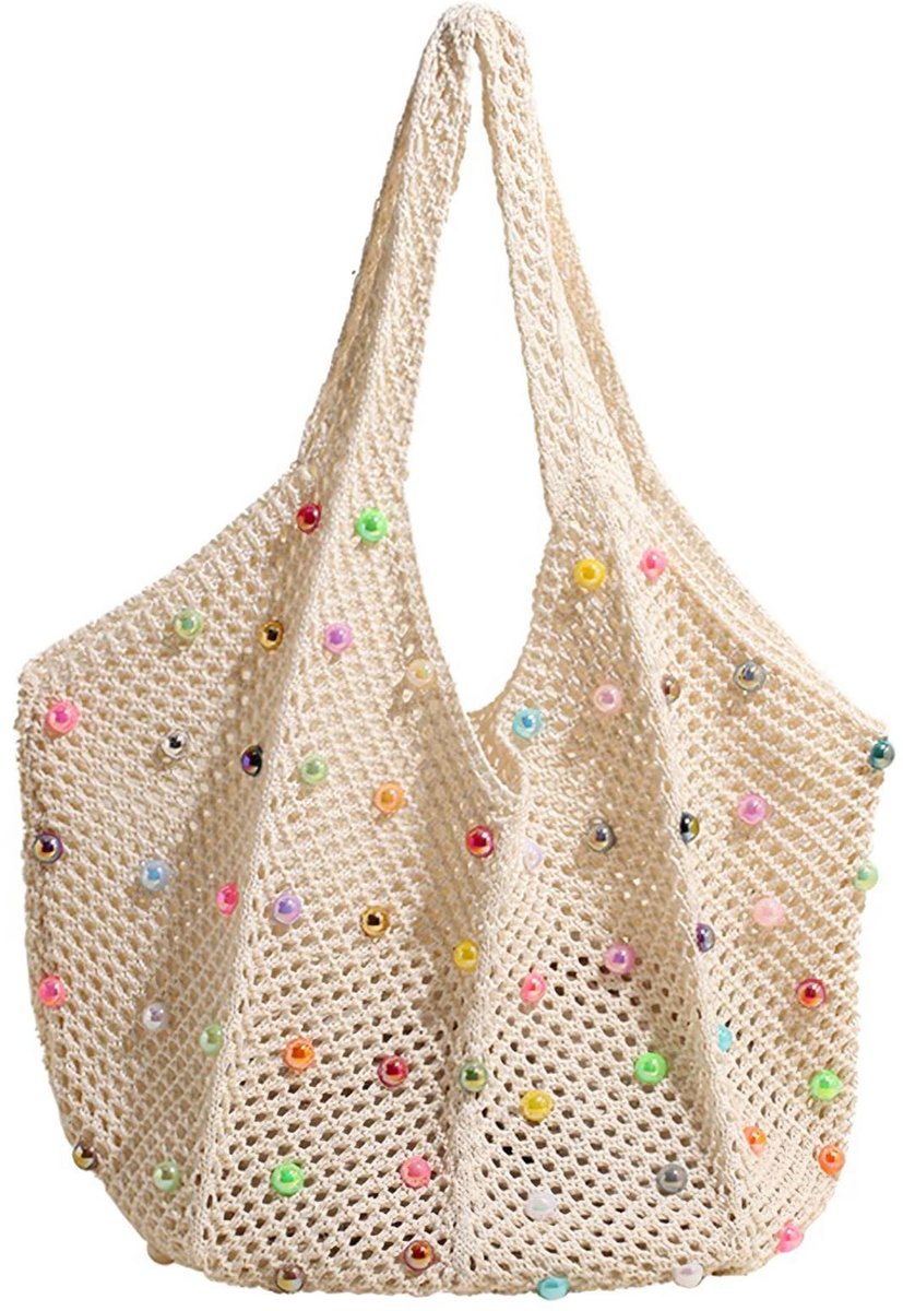 Dailygoods- Strandtas XXL - Gehaakte Strandtas met Kralen - Opvouwbaar - Duurzaam - Modieus Zomeraccessoire - Lichtgewicht Materiaal - Boho Tas
