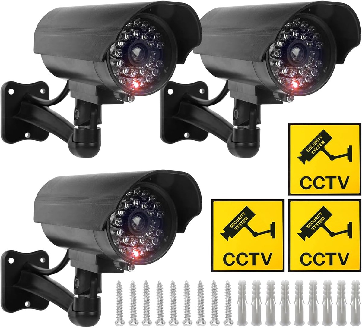 Dummy Camera Set - Valse Beveiliging - Intimidatie Indringers - Knipperende LED - 3 Stuks - Zwart