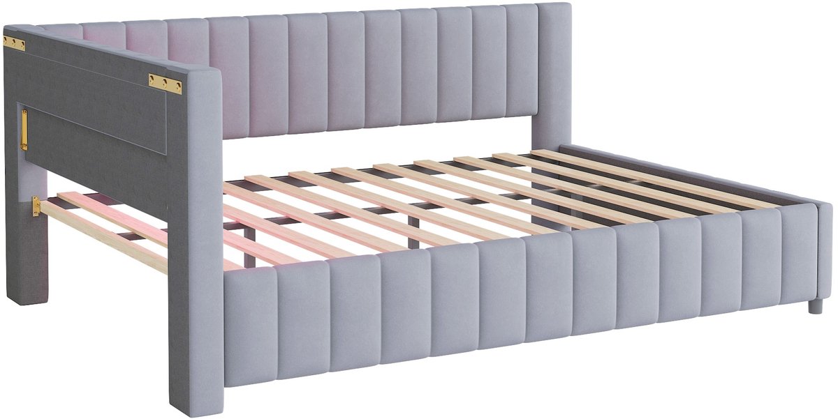 DESMIU Gestoffeerd Bed 140x200 Cm – L Vormig Slaapbankbed Met Ledverlichting En Usb Oplaadpoort – Met Rugleuning En Hoofdbord – Voor Woonkamer En Slaapkamer – Fluweel – Grijs – Zonder Matras Lichtgrijs