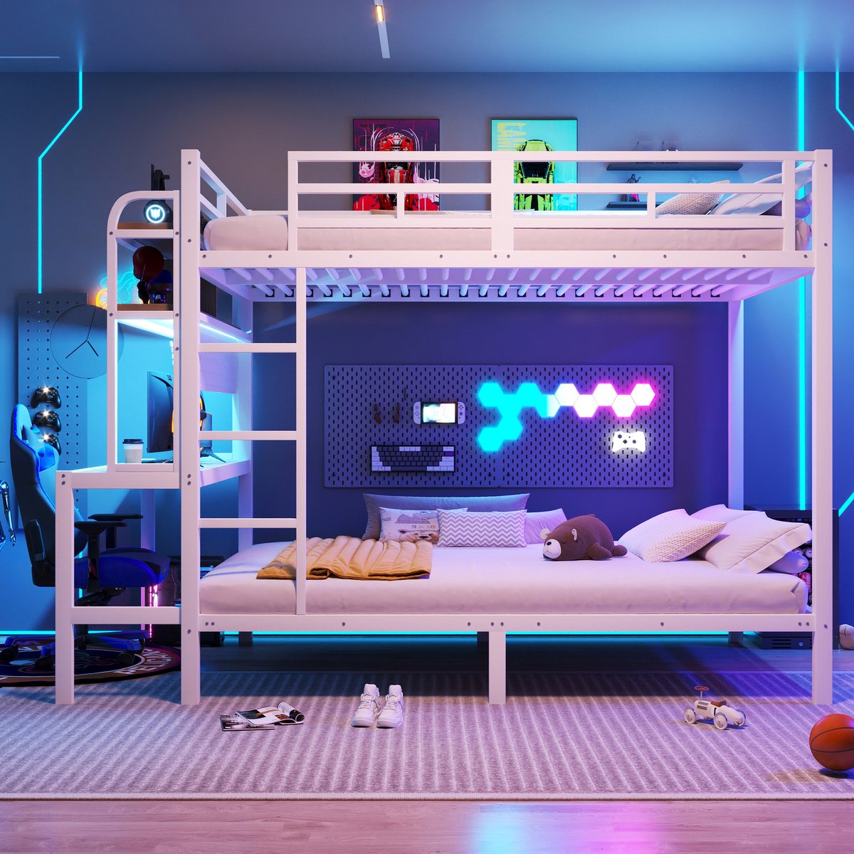 DESMIU Hoogslaper 140 x 200 cm Met Bureau En Opbergvakken Met Led Lichtstrip Usb Aansluiting En Veiligheidshekken Voor Kinderkamer Metalen Wit Zonder Matras