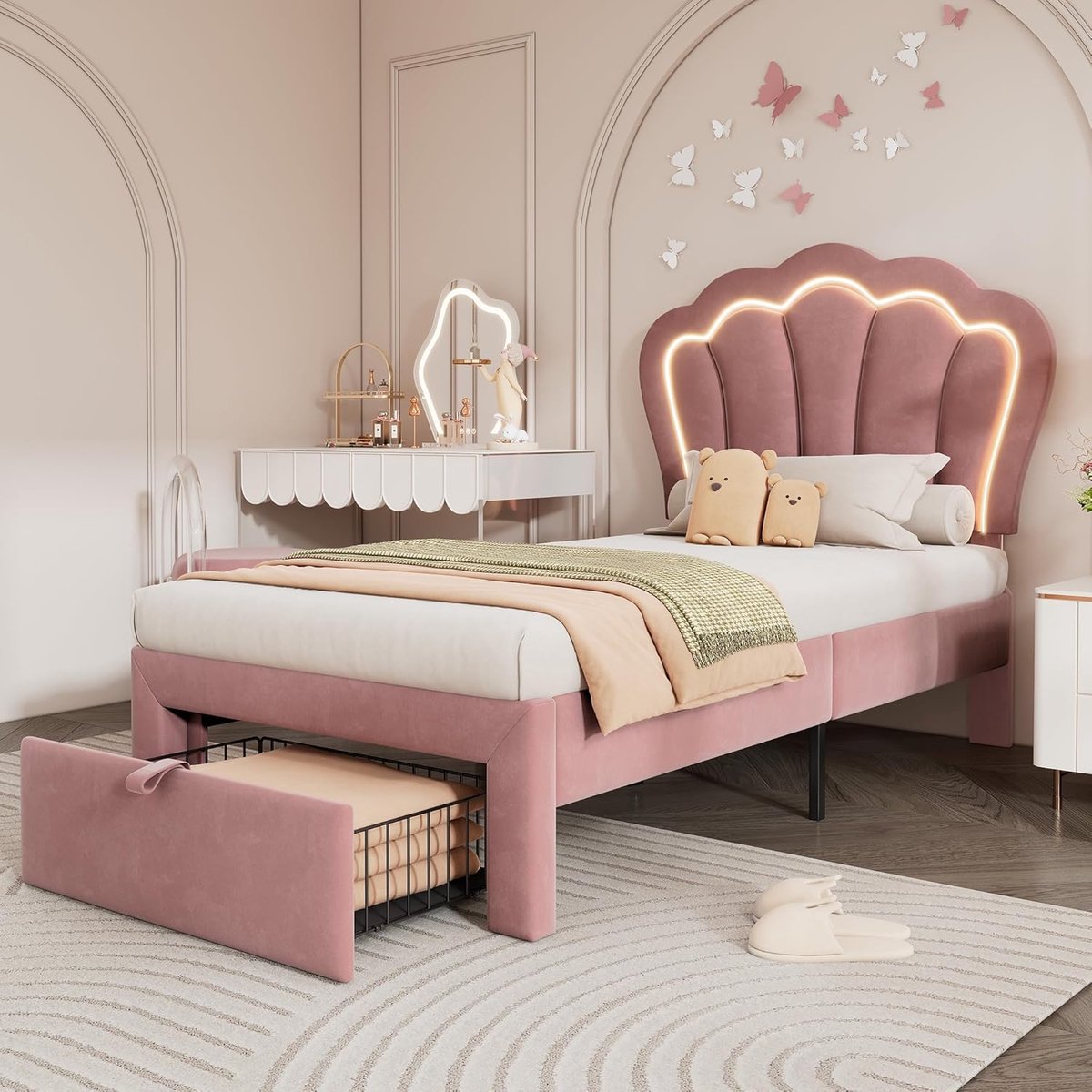 Kinderbed met LED - Eenpersoonsbed met laden - Slaapkamer decoratie - Verstelbaar hoofdeinde - 90x200 cm - Roze fluweel