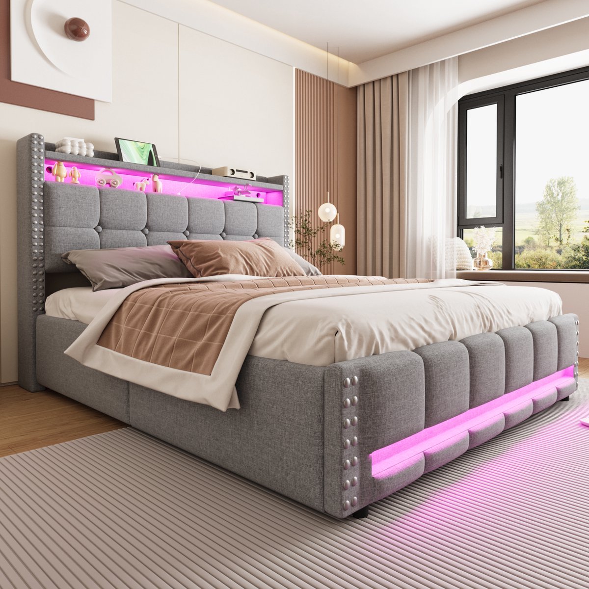 DESMIU Gestoffeerd Bed 160x200cm Met Matras - Bed Met LED Verlichting En USB Aansluiting - Hoofdbord Met Opbergruimte En Hydraulisch Opbergsysteem - Voor Volwassenenslaapkamer - Linnenstof - Lichtgrijs