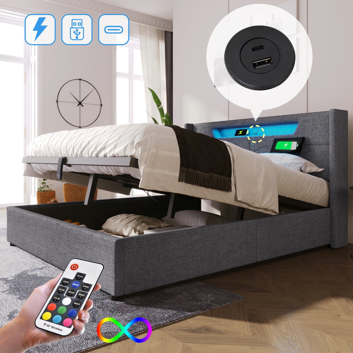 DESMIU Gestoffeerd Bed 140x200 cm – Tweepersoonsbed met Led en USB Type C – Opklapbare Opbergruimte – Voor Slaapkamer of Jeugdkamer – Linnen – Grijs – Zonder Matras