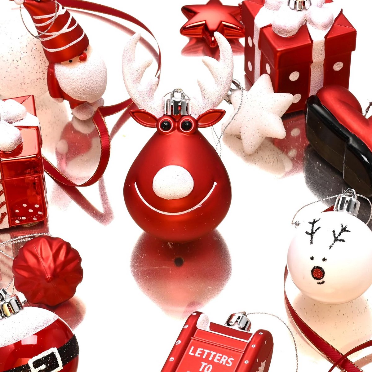 Kerstballen Set - Boomversiering Kunststof - Kerstboom Versieren - Handgeschilderd Design - 100 Stuks - Rood Wit – foto 6
