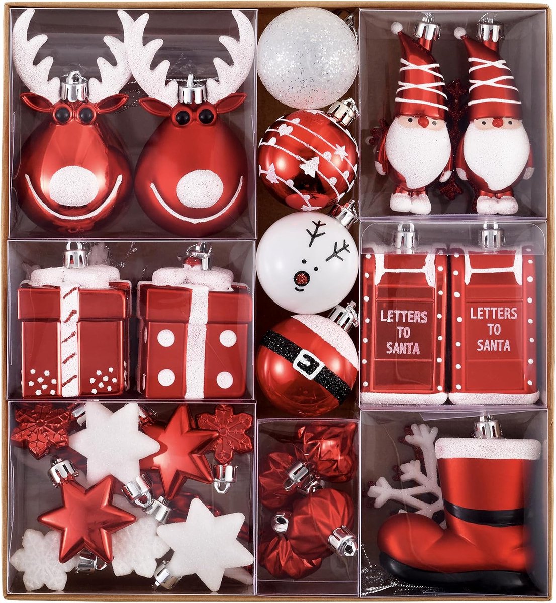 Kerstballen Set - Boomversiering Kunststof - Kerstboom Versieren - Handgeschilderd Design - 100 Stuks - Rood Wit
