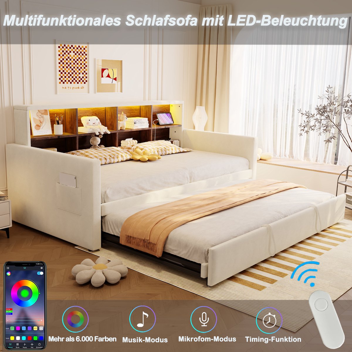 DESMIU Gestoffeerde Bedbank 90x190cm - Uitschuifbaar Bed Met Leesverlichting En Oplaadpunten - Hoofdbord Met Opbergruimte - Slaapkamer - Fluweel - Beige - Zonder Matras