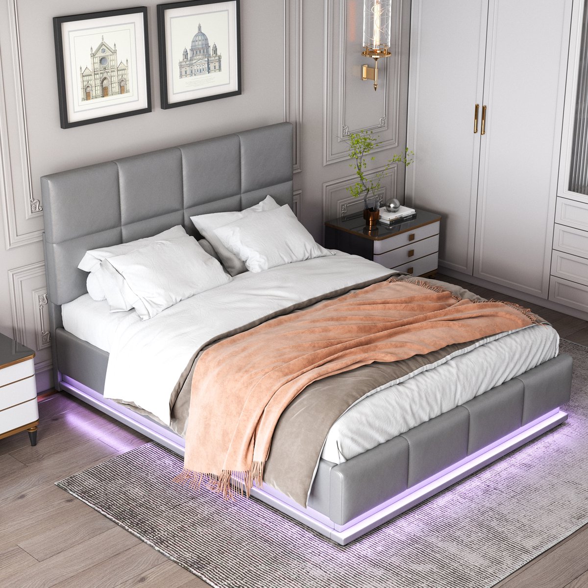 DESMIU Gestoffeerd Bed 140x200cm – Dubbelbed Met Lichtband En Hydraulische Opbergruimte – Voor Slaapkamer En Logeerkamer – Kunstleder – Grijs – Zonder Matras