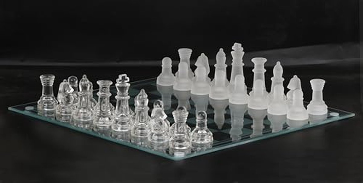 Glazen Schaakset - Elegant Bord - Huis Decoratie - Transparante & Matte Veldjes - 35x35 Cm - Transparant